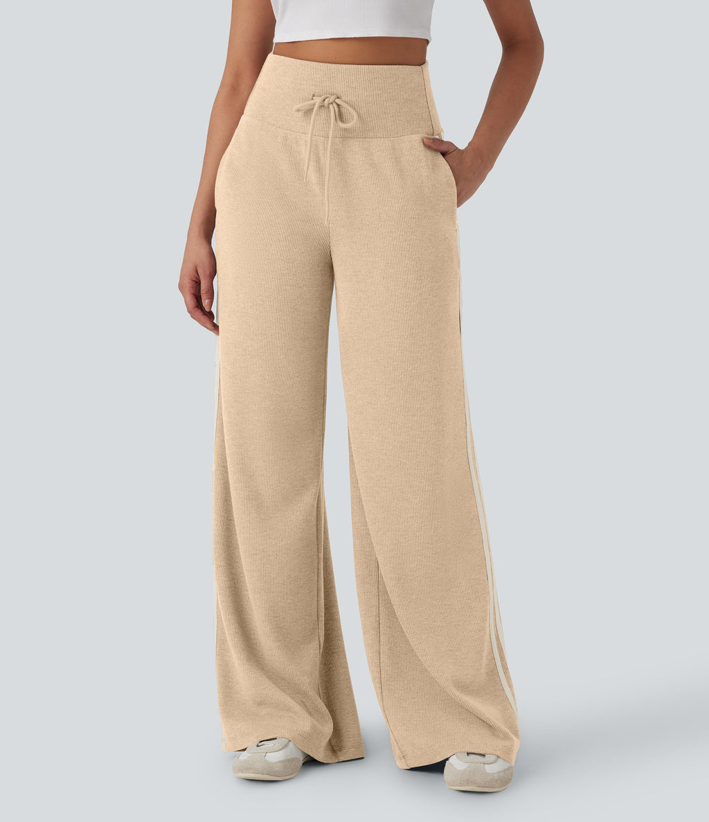 2026🔥 Ribbed SoCinched High Waisted Tummy Control Drawstring Wide Leg Color Block Casual Trousers with Pockets