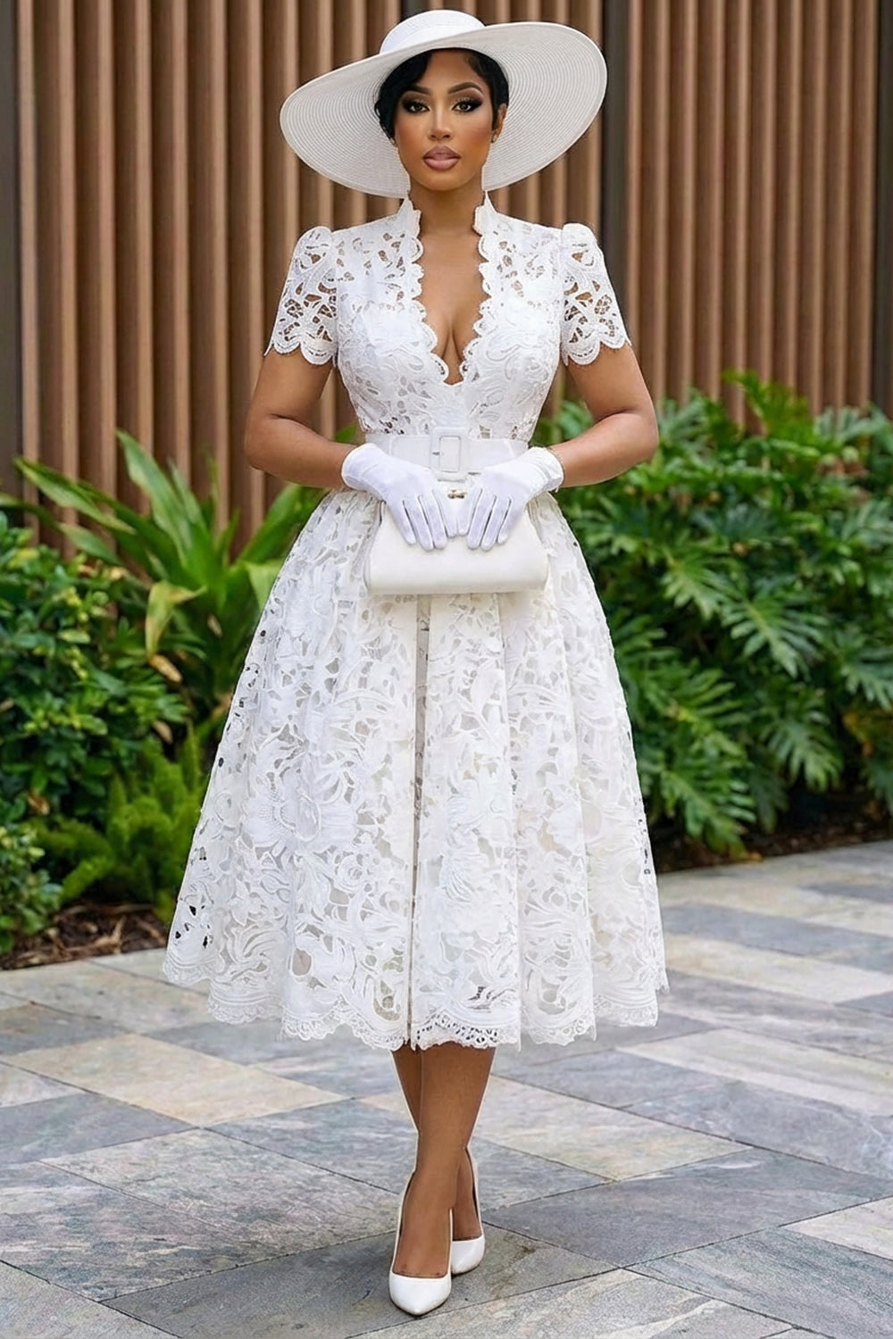Deep V Neck Cinch Waist Guipure Lace Bouffant Midi Dresses-White