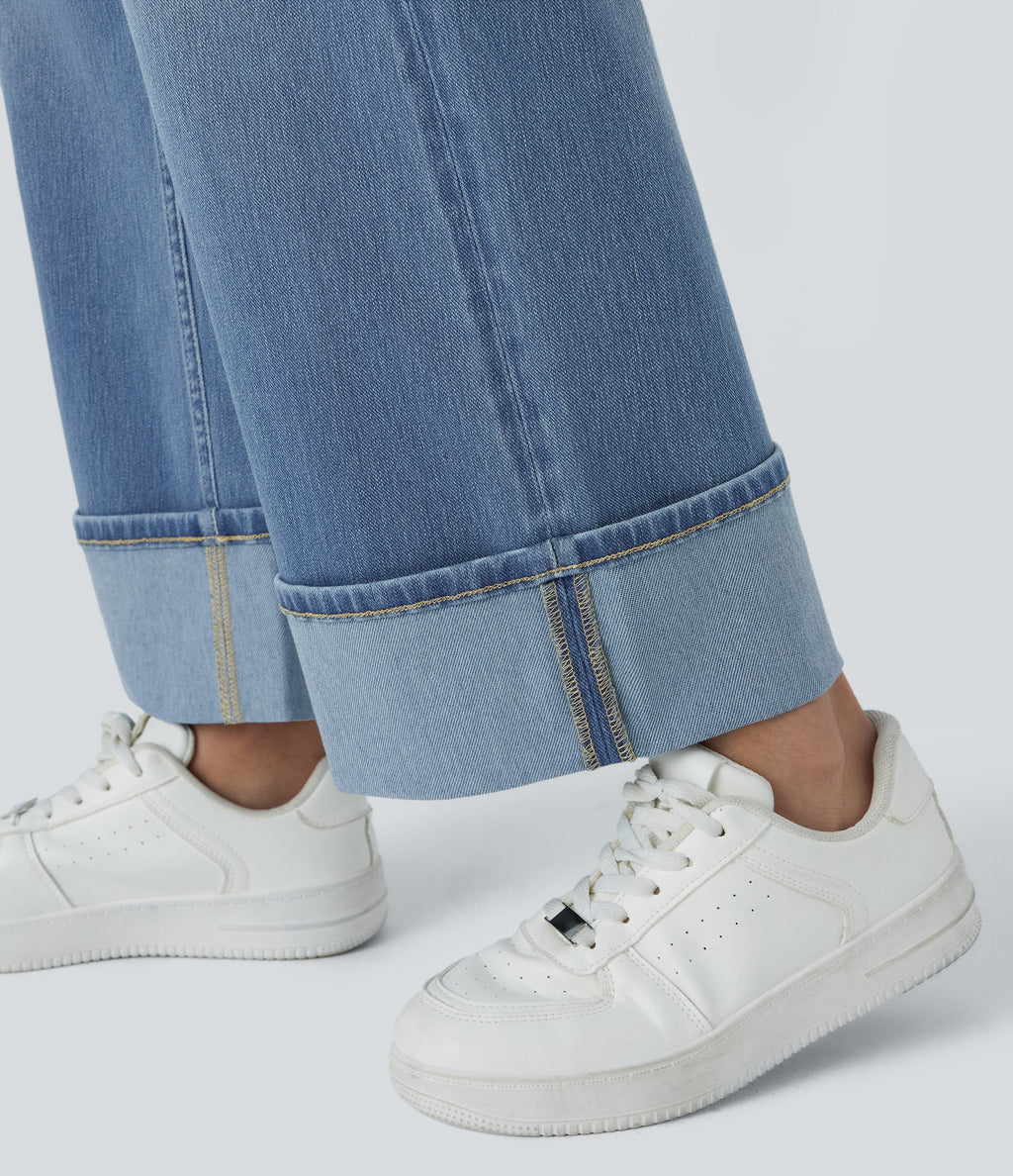 FlexTM High Waisted Multiple Pockets Rolled Hem Wide Leg Washed Stretchy Knit Casual Jeans