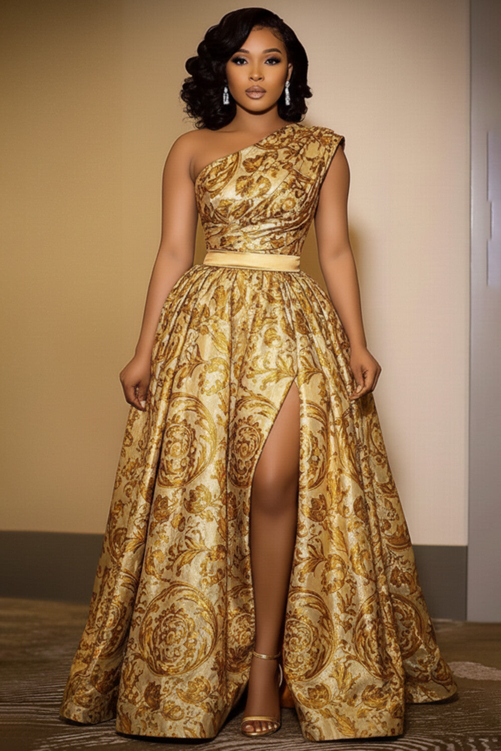 One Shoulder Sleeveless Tribal Pattern Party Maxi Dresses-Gold