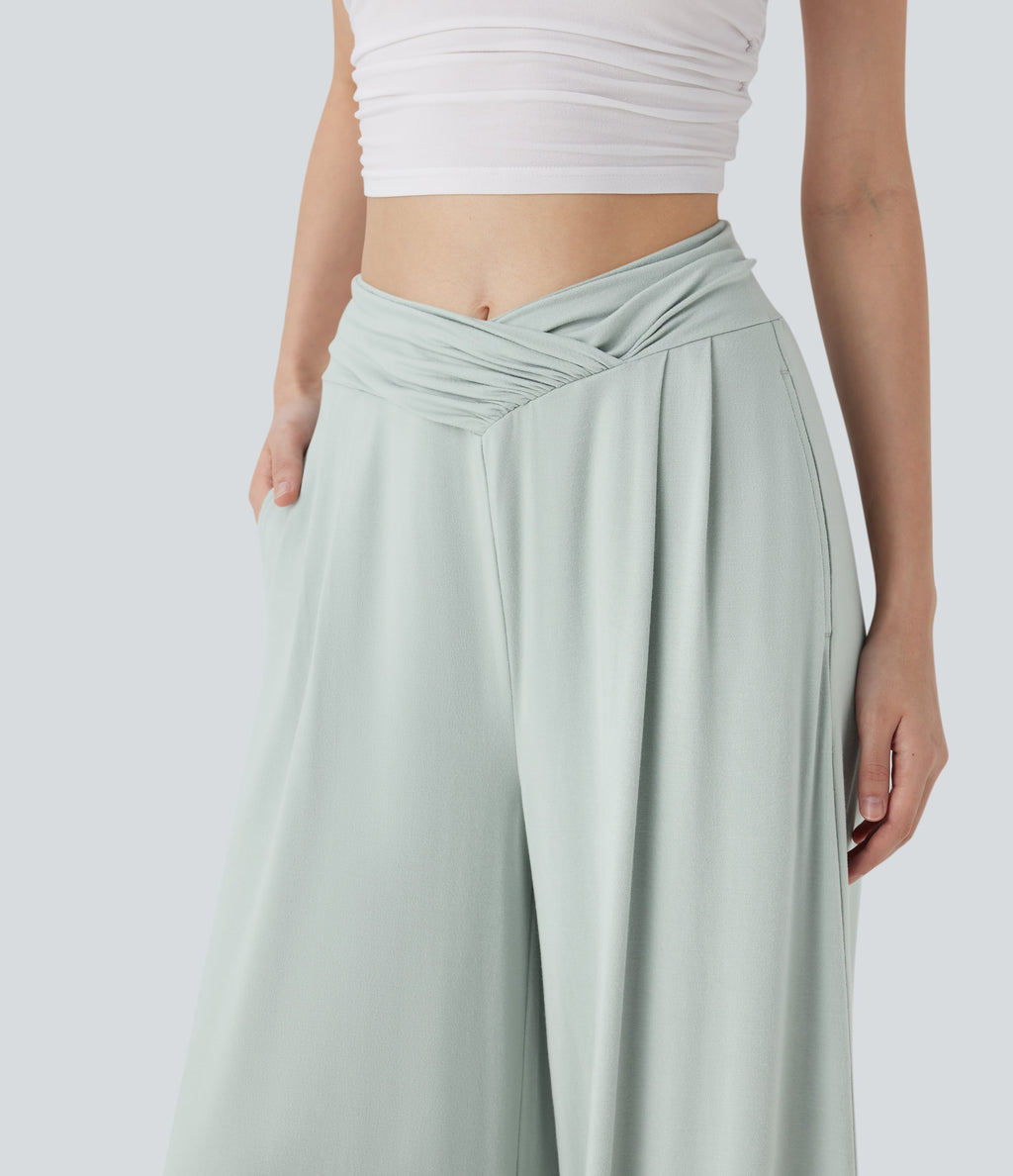Mid Rise Crossover Ruched Wide Leg Casual Pants with Pockets