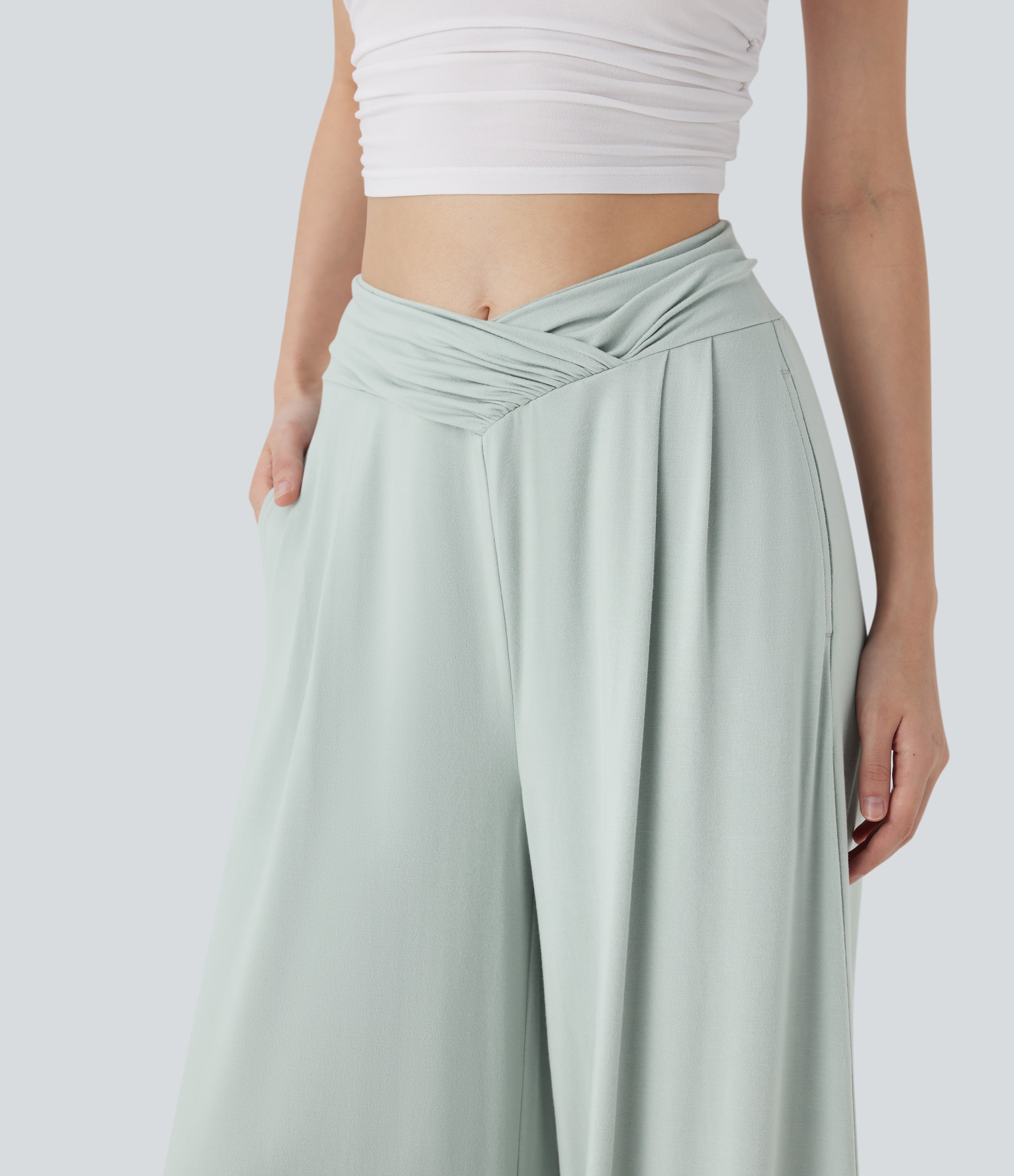 Mid Rise Crossover Ruched Wide Leg Casual Pants with Pockets