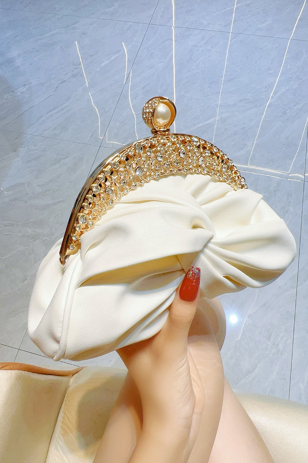 Rhinestone Embellished Ruched PU Leather Evening Clutch Bag