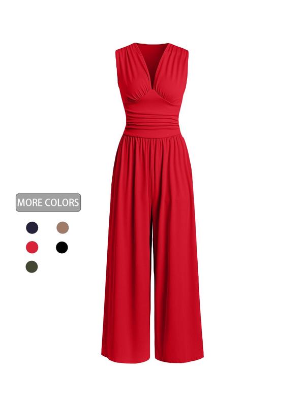 2026 Women's new jumpsuit with pockets Plain Ruched V Neck Ribbed Tank Jumpsuit, Summer Outfits 2025, Elegant Sleeveless Wide Leg Jumpsuit for Women for Vacation Holiday Party, Ladies Summer Clothes