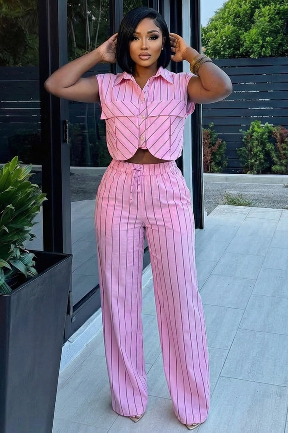 Turndown Collar Sleeveless Top Drawstring Pants 2pcs Set-Pink