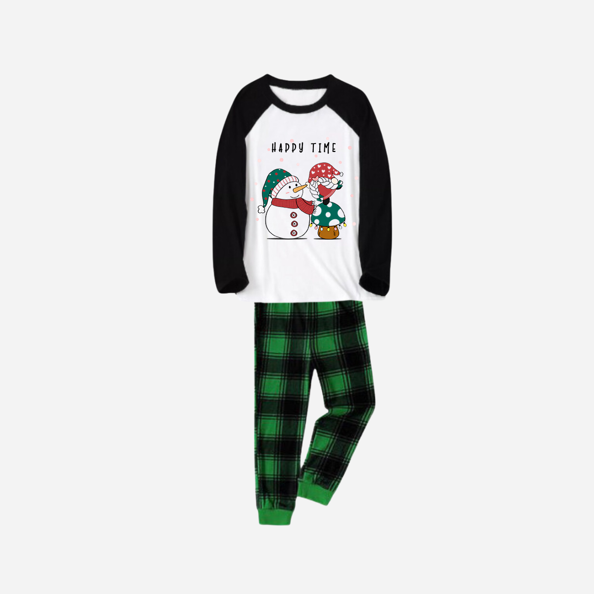 Black Raglan Top Green Plaid Christmas Pajamas Set With Snowman and Gnome and "Happy Time" Text Print