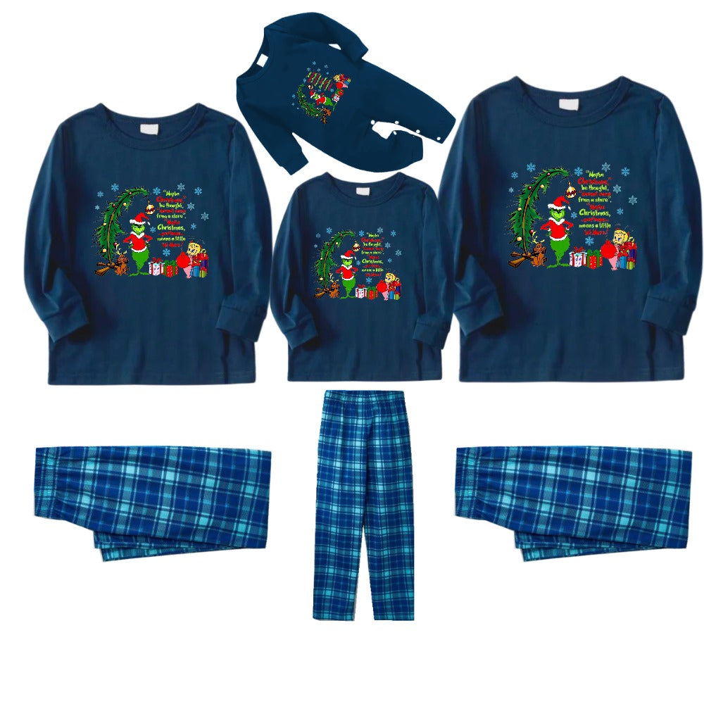 Christmas Family Matching Pajamas-Navy & Sky Blue Plaid Pjs Set with Grinch and Christmas Pattern Print