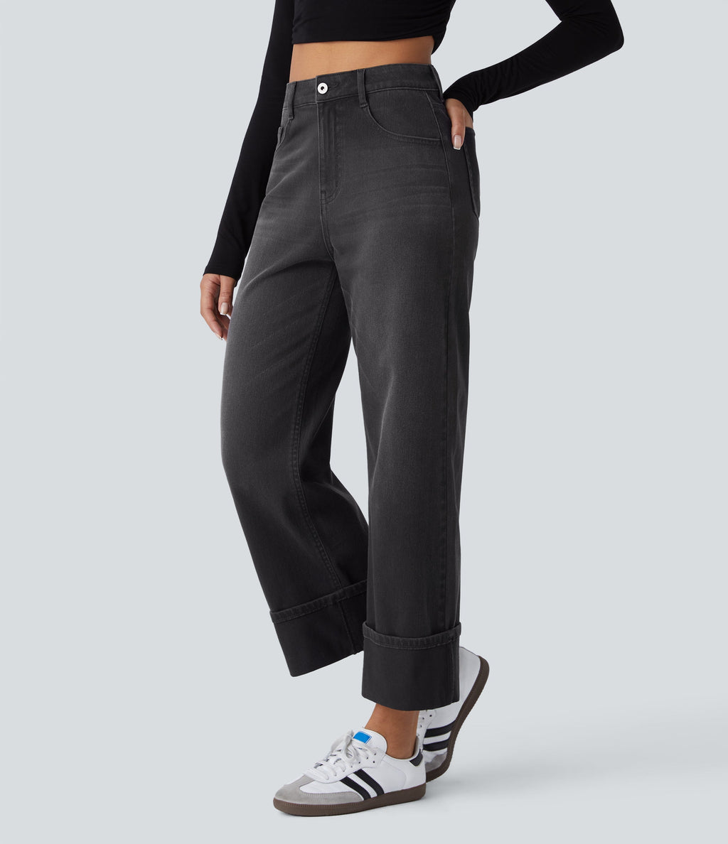 FlexTM High Waisted Multiple Pockets Rolled Hem Wide Leg Washed Stretchy Knit Casual Jeans