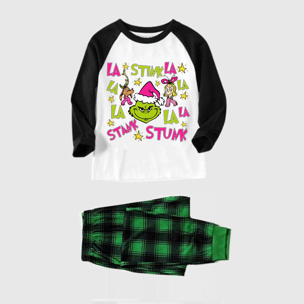Black Raglan Top Green Plaid Christmas Pajamas Set With Grinch and Holiday Text Print