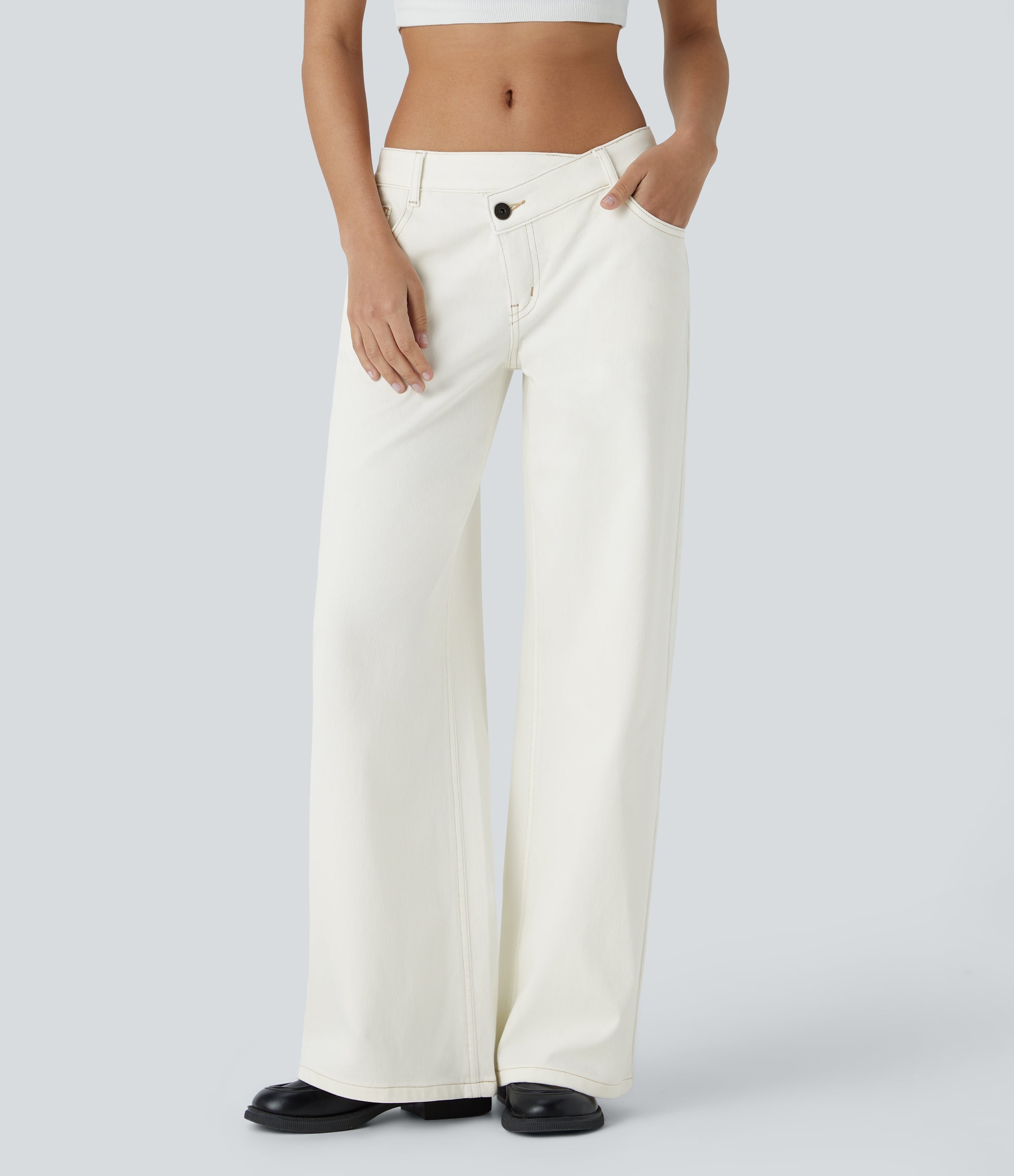FlexTM Asymmetric Low Rise Zipper Pockets Baggy Wide Leg Washed Casual Jeans