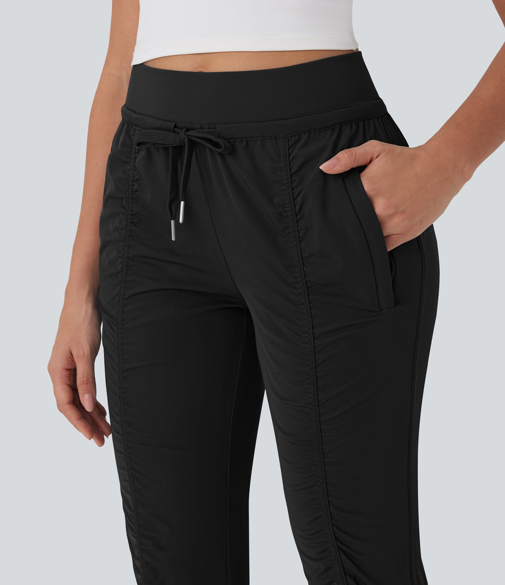 High Waisted Drawstring Tapered Travel Joggers with Side Zip Pockets
