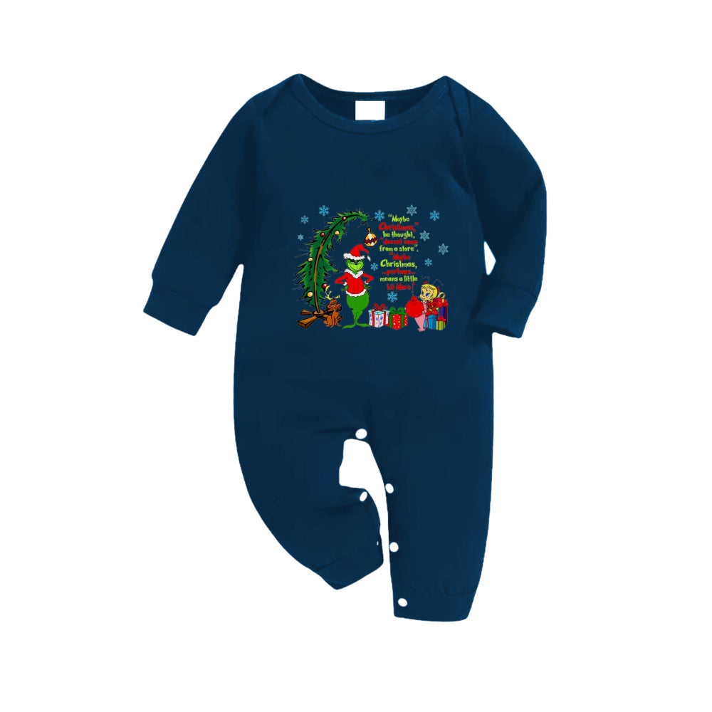Christmas Family Matching Pajamas-Navy & Sky Blue Plaid Pjs Set with Grinch and Christmas Pattern Print