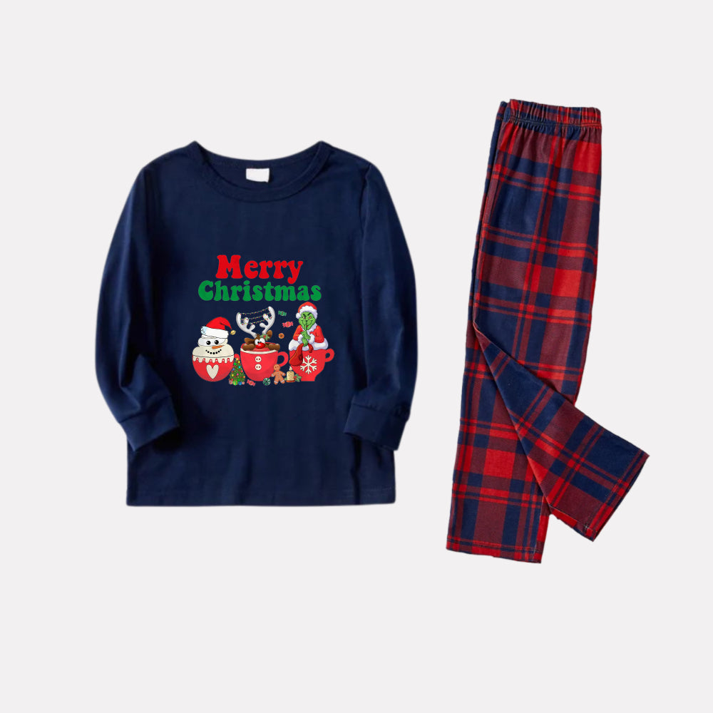 Christmas Family Matching Pajamas-Navy & Red Plaid Pjs Set with Grinch and "Merry Christmas" Print