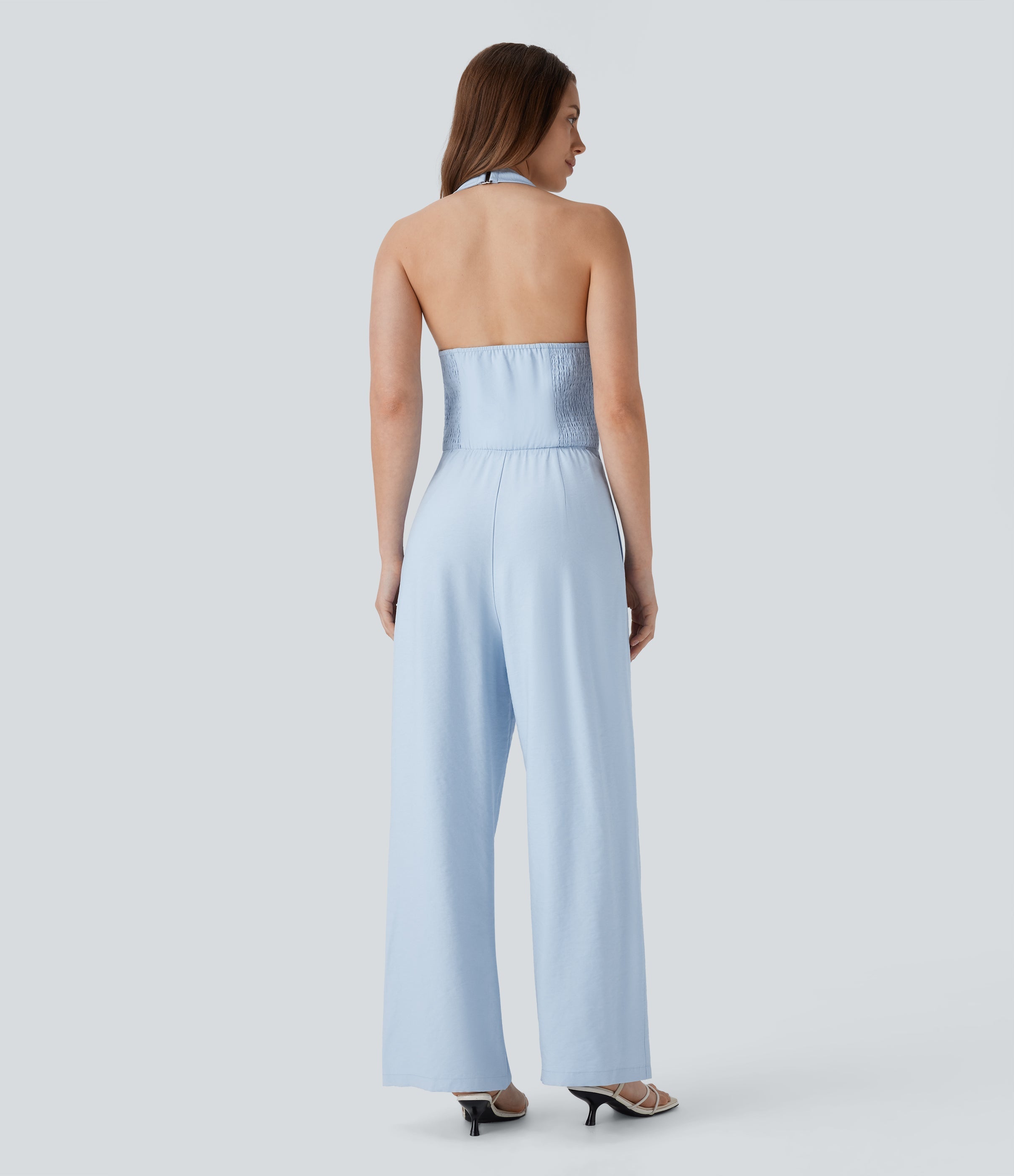 Halter Shirred Wide Leg Work Jumpsuit with Pockets