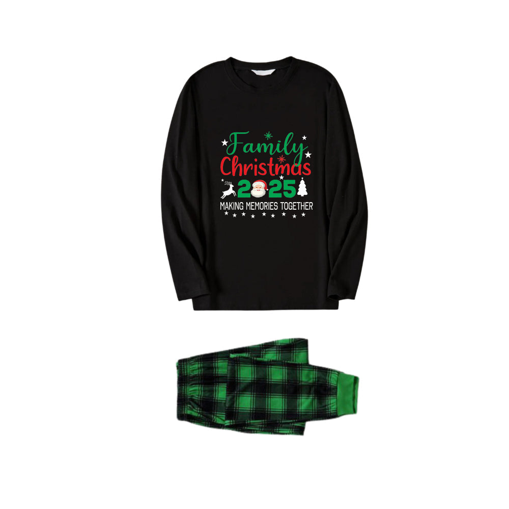 Christmas Family Matching Pajamas-Black Top and Green Plaid Pants Pjs Set with "Family Christmas 2025" and Santa Pattern Print