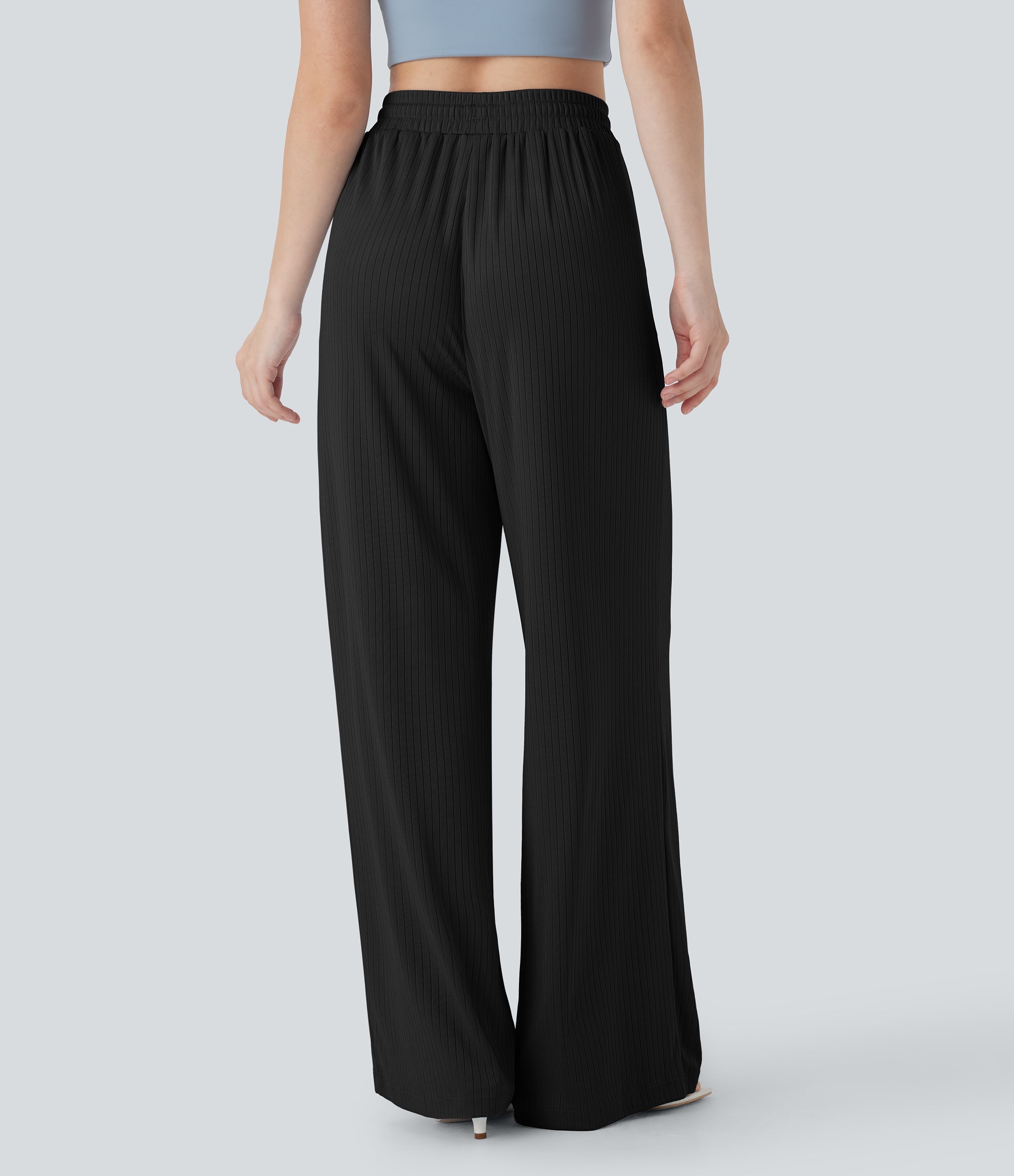 Ribbed Knit High Waisted Drawstring Straight Leg Casual Pants with Pockets