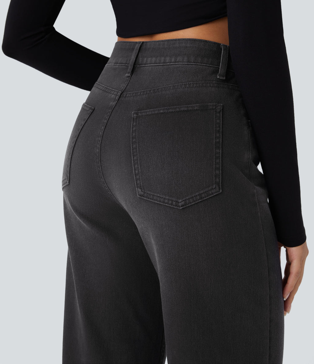 FlexTM High Waisted Multiple Pockets Rolled Hem Wide Leg Washed Stretchy Knit Casual Jeans