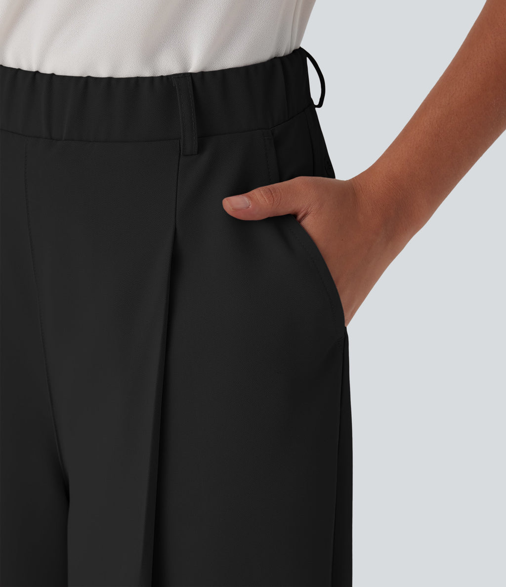High Waisted Belted Wide Leg Cropped Work Pants with Pockets