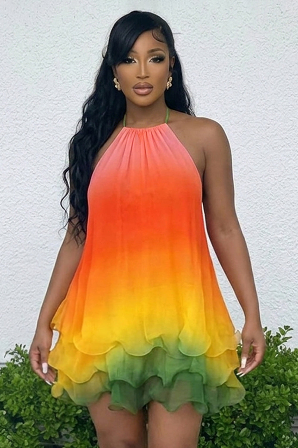 Halter Gradient Color Ruffle Vacation Mini Dresses-Multicolor