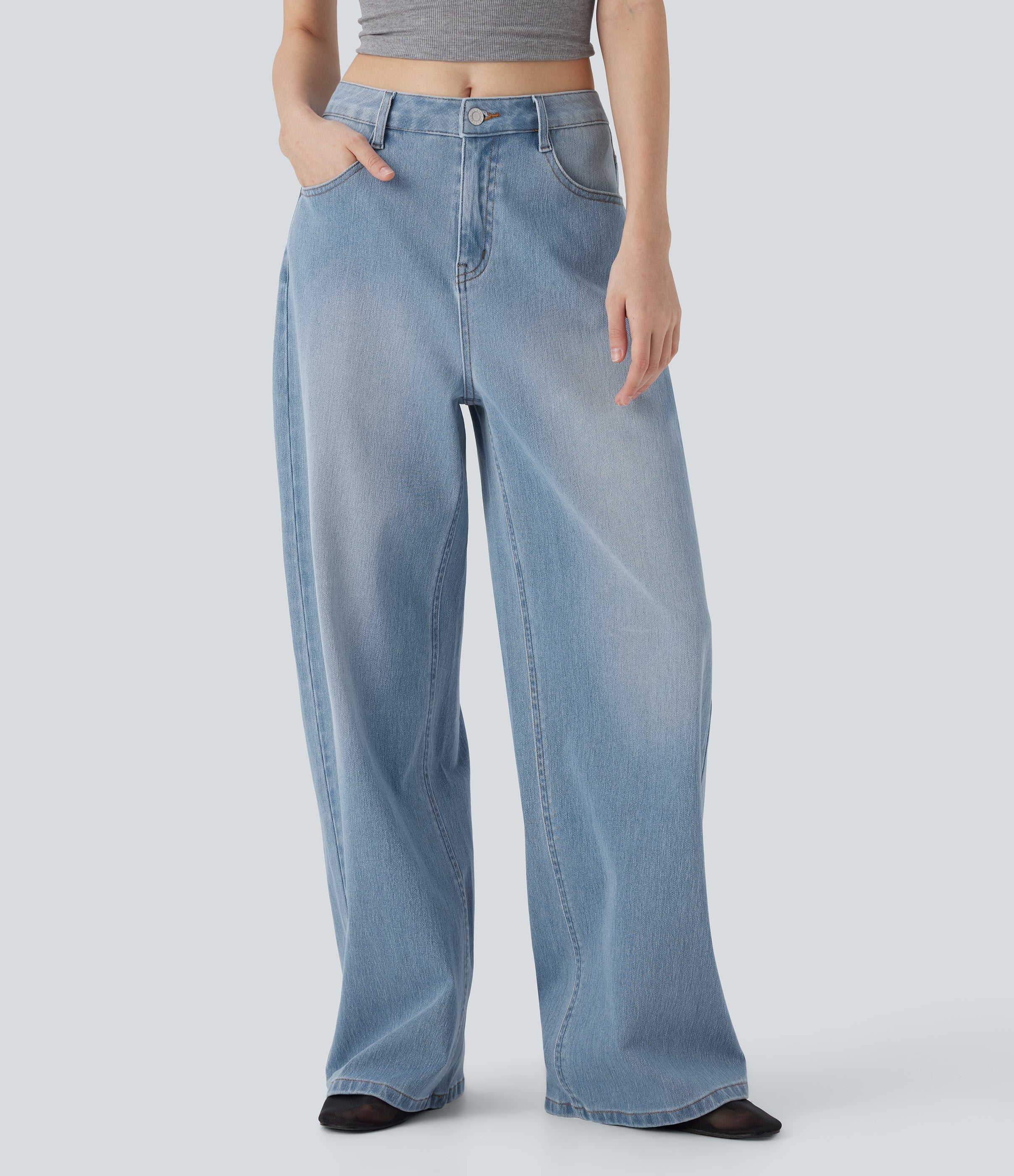 FlexTM Mid Rise Washed Casual Baggy Jeans with Pockets