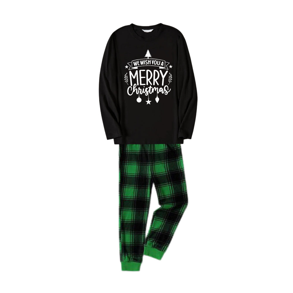 Christmas Family Matching Pajamas-Black Top and Green Plaid Pants Pjs Set with "We Wish You A Merry Christmas" Black&White Print