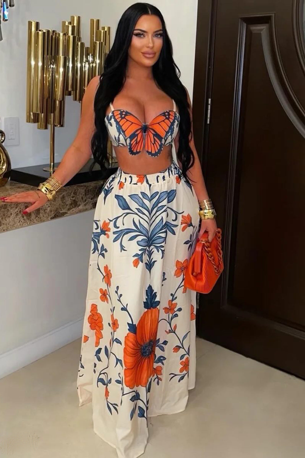 Floral Cami Crop Top Maxi Skirt Vacation 2pcs Set-Multicolor