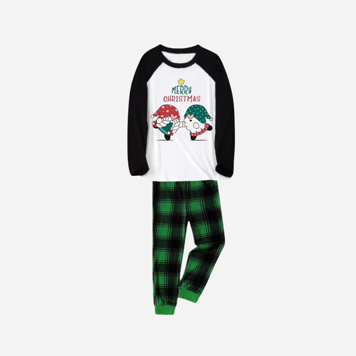 Black Raglan Top Green Plaid Christmas Pajamas Set With Gnome and Merry Christmas Text Print