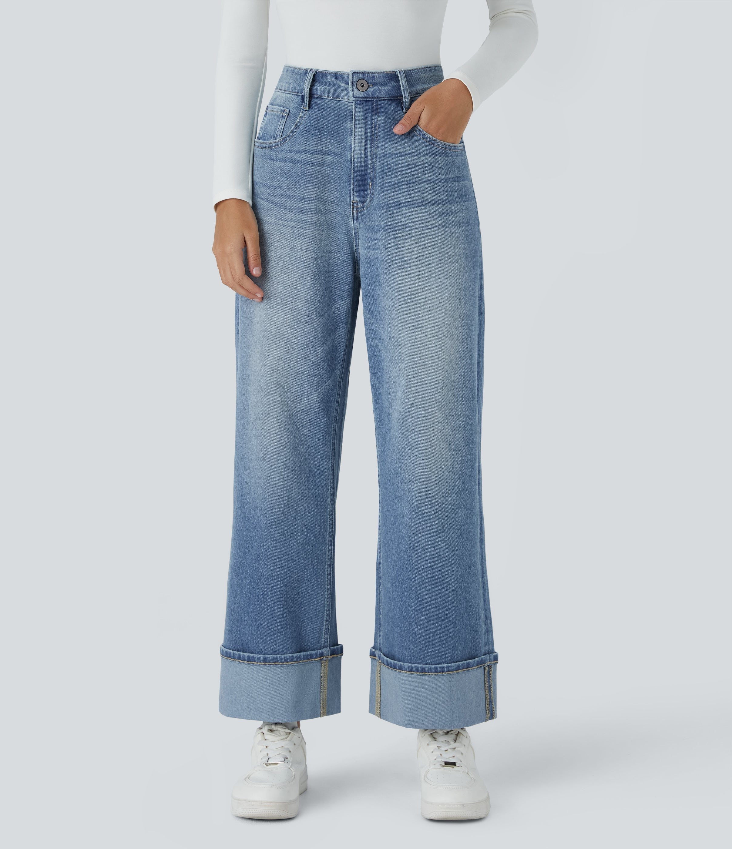 FlexTM High Waisted Multiple Pockets Rolled Hem Wide Leg Washed Stretchy Knit Casual Jeans
