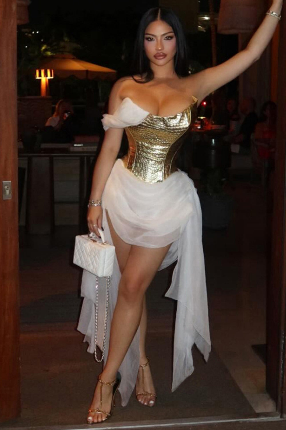 One Shoulder Ruched Mesh Metallic Finish Cinch Waist Gowns Mini Dresses-Gold