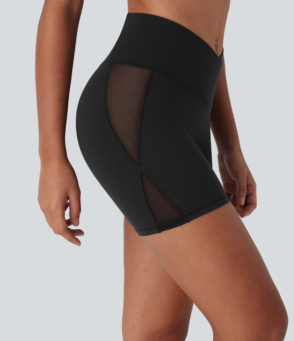 SoftlyZeroTM High Waisted Crossover Contrast Mesh Yoga Biker Shorts 5'' with Pocket-UPF50+