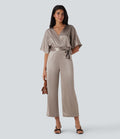 Crossover V Neck Belted Wide Leg Satin-like Work Jumpsuit with Pockets