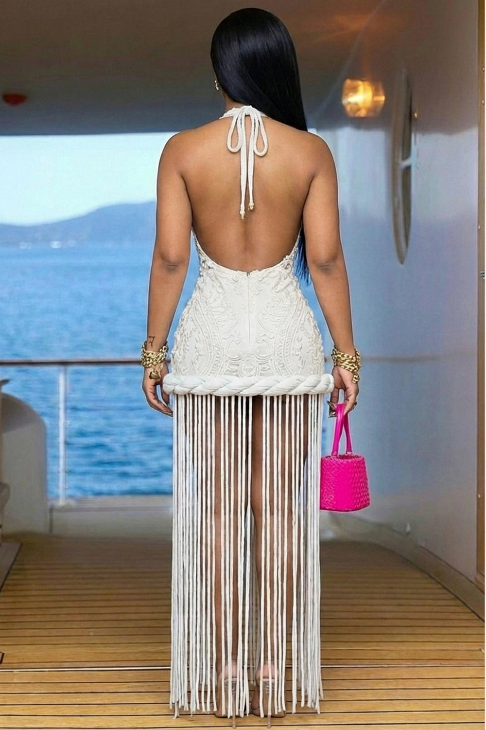 Halter Deep V Neck Guipure Lace Ruched Fringe Maxi Dresses-White