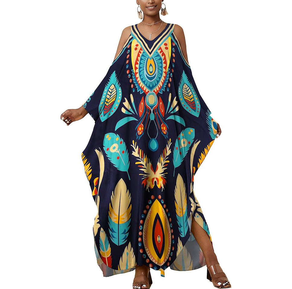 Bohemian Feather Print Maxi Kaftan Dress