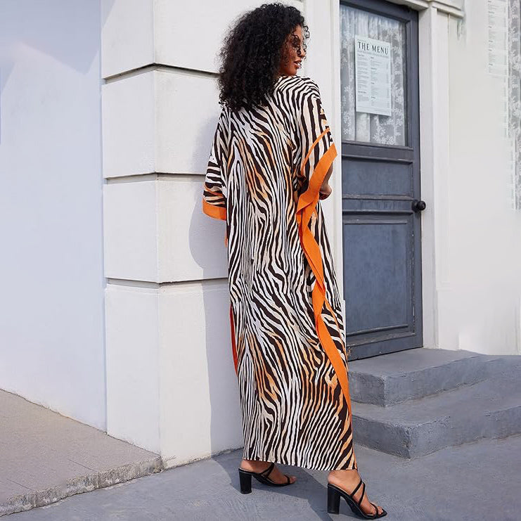 Boho Zebra Casual Half Sleeve Maxi Kaftan Dress