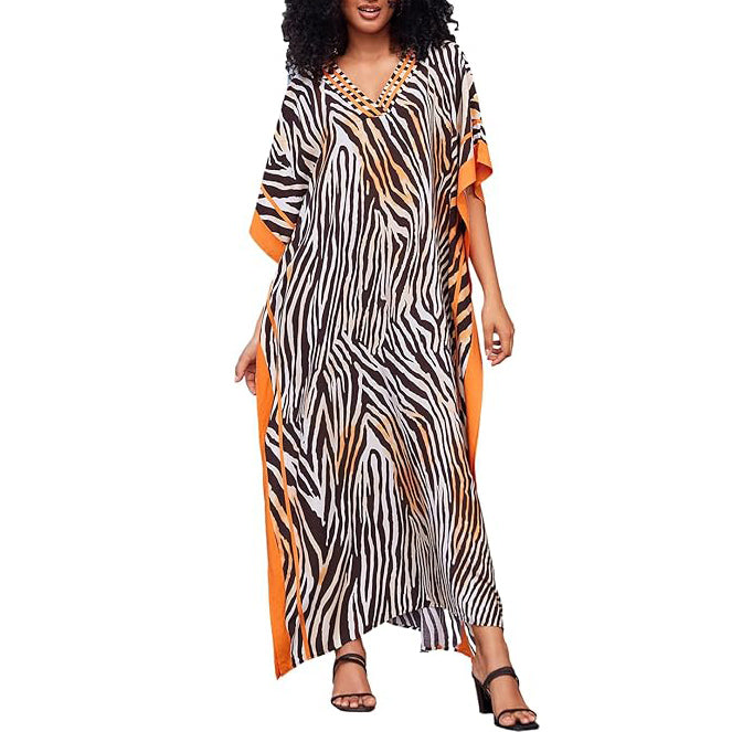Boho Zebra Casual Half Sleeve Maxi Kaftan Dress