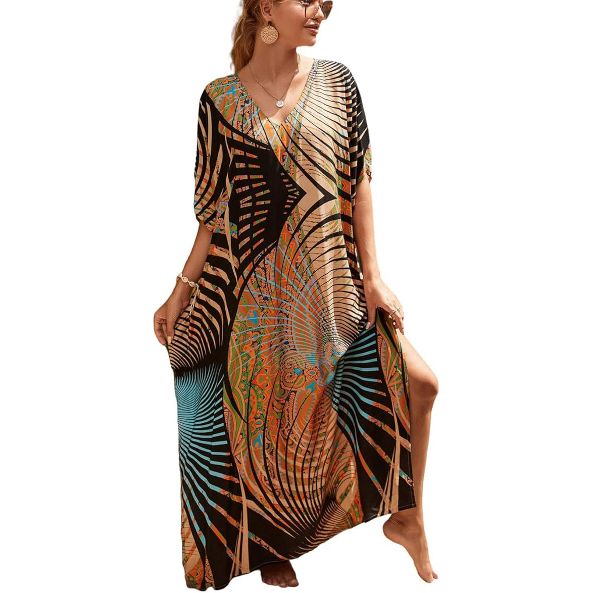 Abstract Geometric Colorful Illusion Pattern Maxi Kaftan Dress