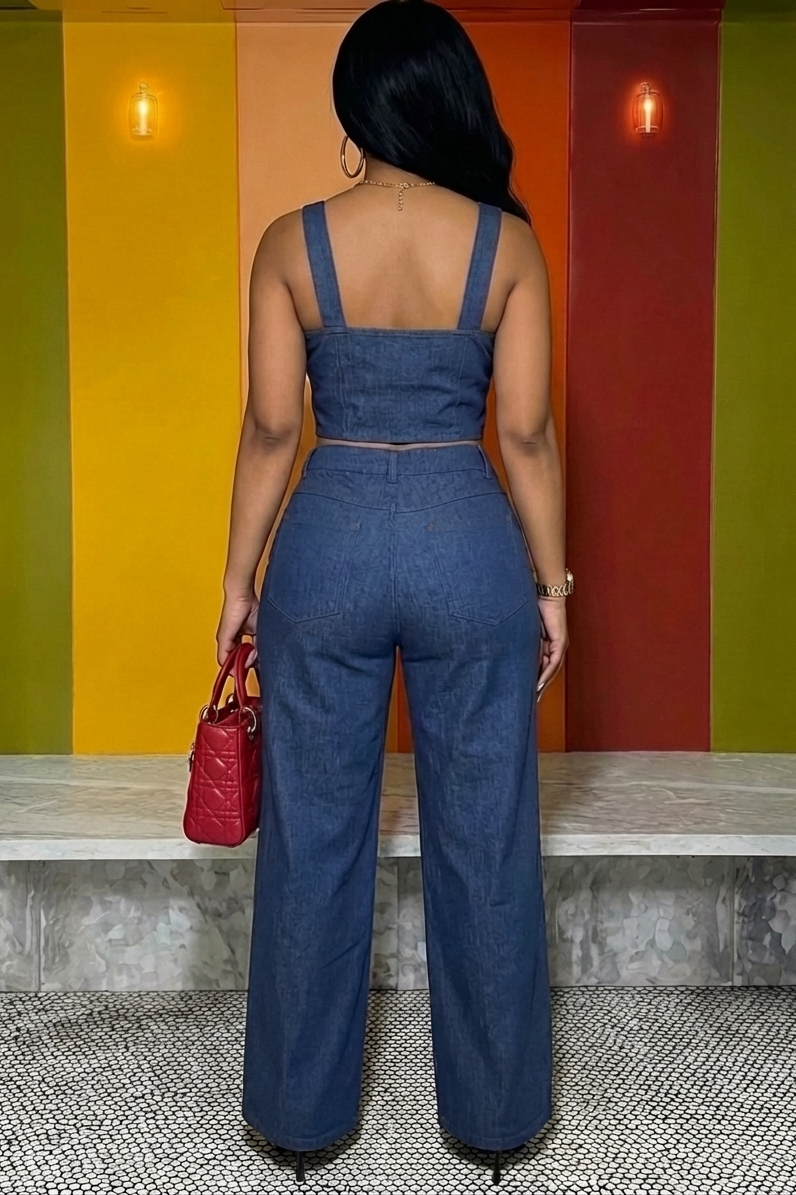 Denim Wide Straps Top High Waist Pants Casual 2pcs Set-Blue