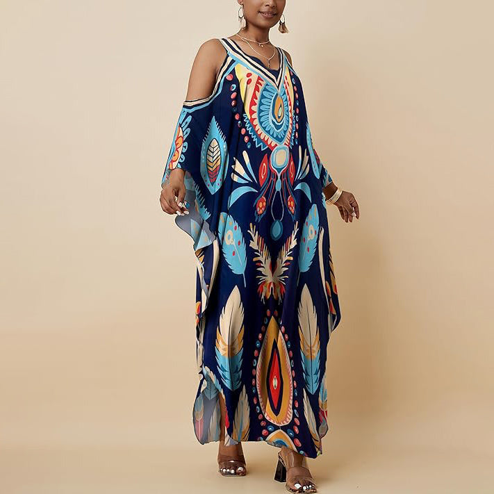 Bohemian Feather Print Maxi Kaftan Dress
