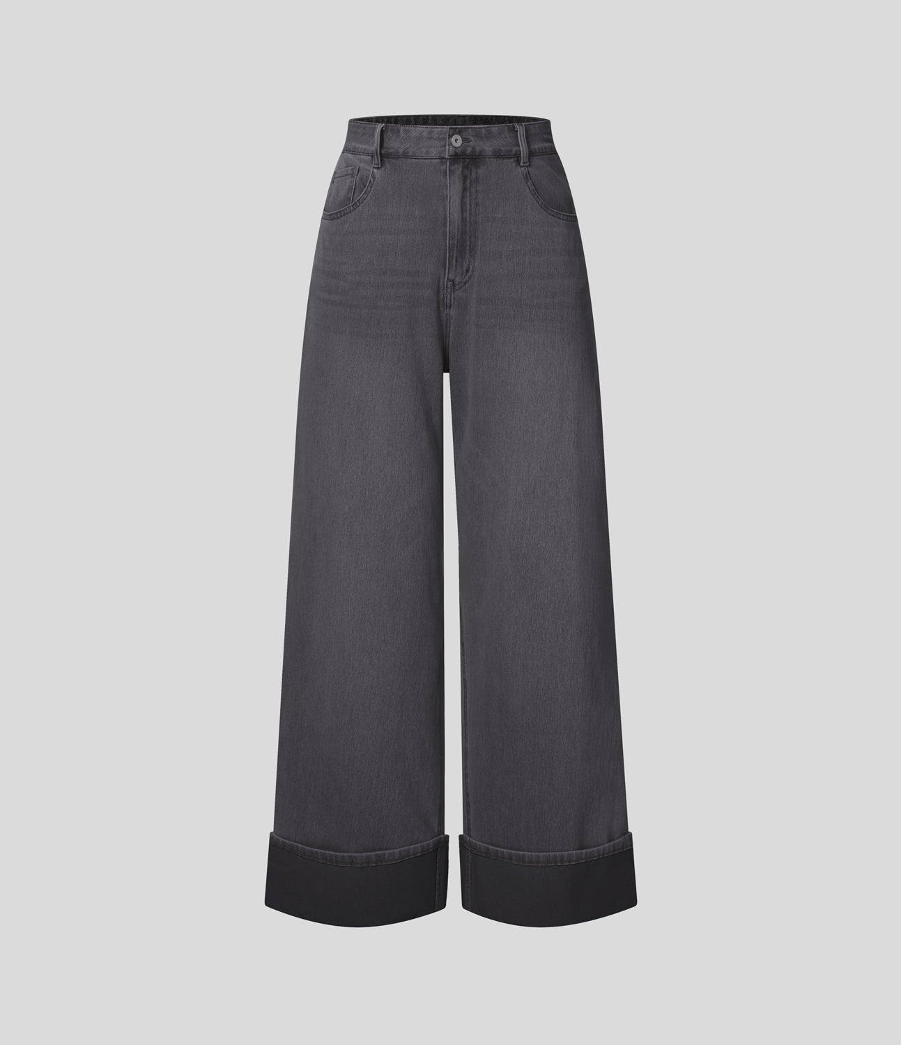 FlexTM High Waisted Multiple Pockets Rolled Hem Wide Leg Washed Stretchy Knit Casual Jeans