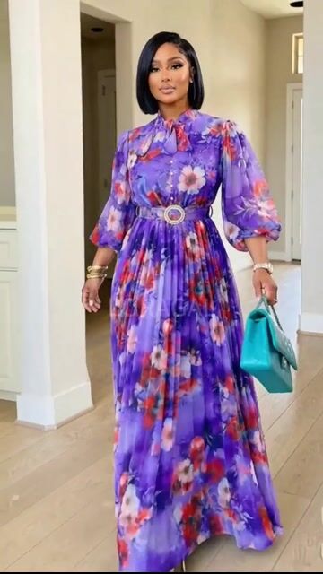 Tie Neck Balloon Sleeve Floral Pleated Casual Maxi Dresses-Purple