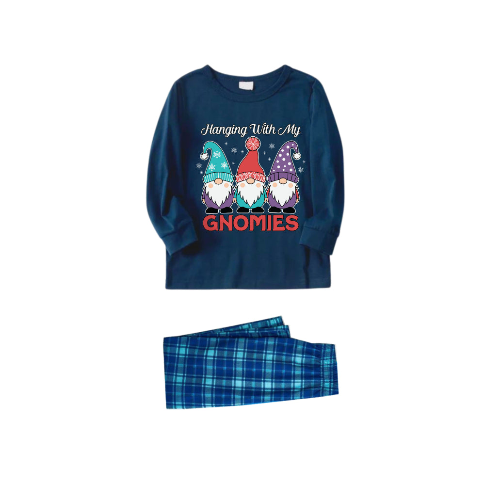 Christmas Family Matching Pajamas-Navy & Sky Blue Plaid Pjs Set with "Hanging With My Gnomies" and Gnome Cartoon Print