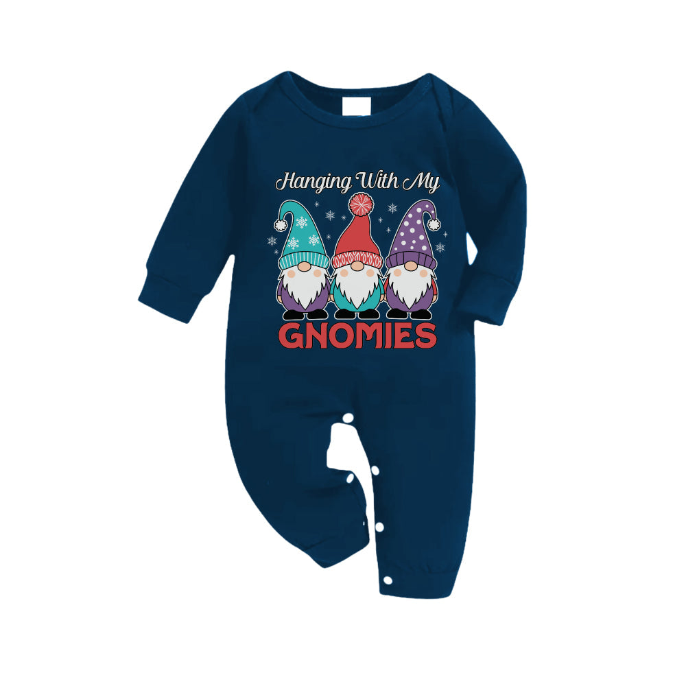Christmas Family Matching Pajamas-Navy & Sky Blue Plaid Pjs Set with "Hanging With My Gnomies" and Gnome Cartoon Print