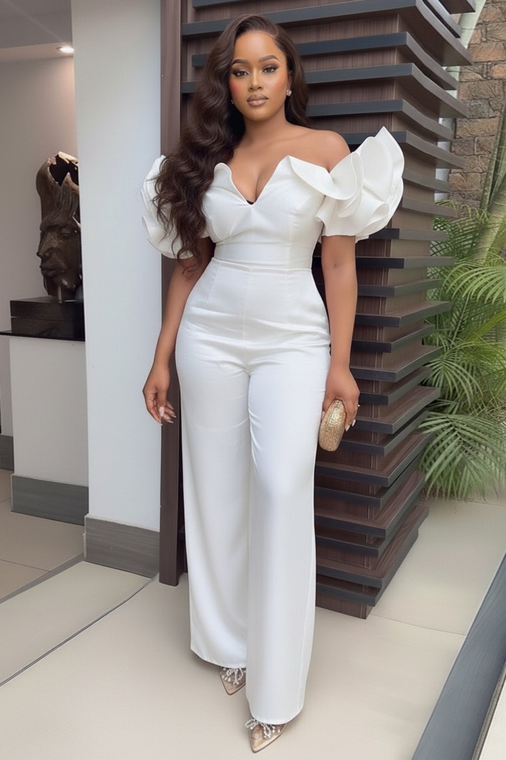 Off Shoulder Notch Neck Ruffle Party Straight Leg Jumpsuit-White