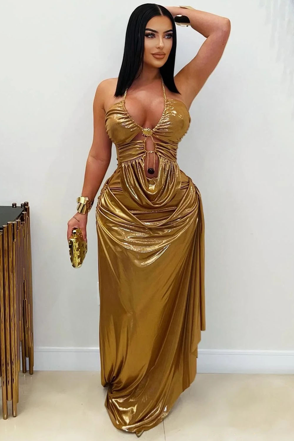 Halter V Neck Backless Gathered Metallic Party Maxi Dresses-Gold