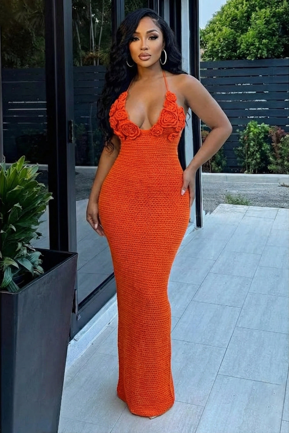 Halter Backless 3D Flower Slim Fit Knit Maxi Dresses-Orange