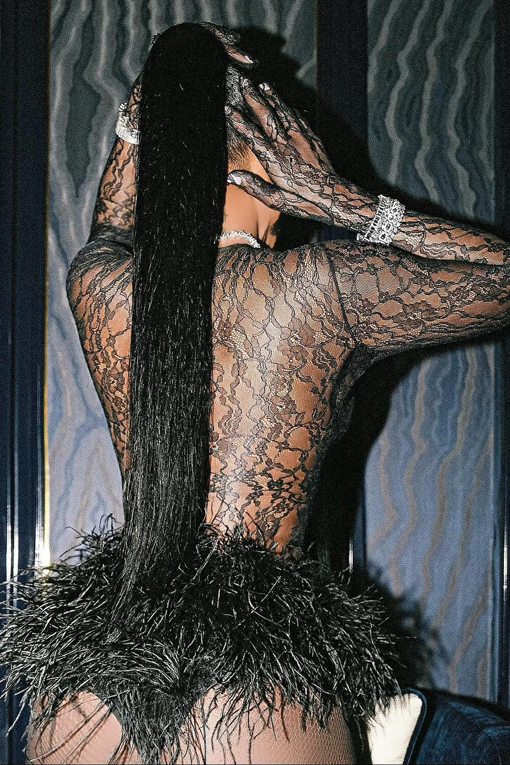 See Through Lace Long Sleeve Feather Patchwork Bodysuit-Black