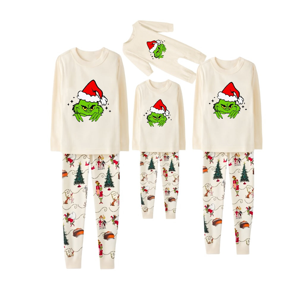 Beige Christmas Pattern Print Christmas Pajamas Set With Cute Grinch Print