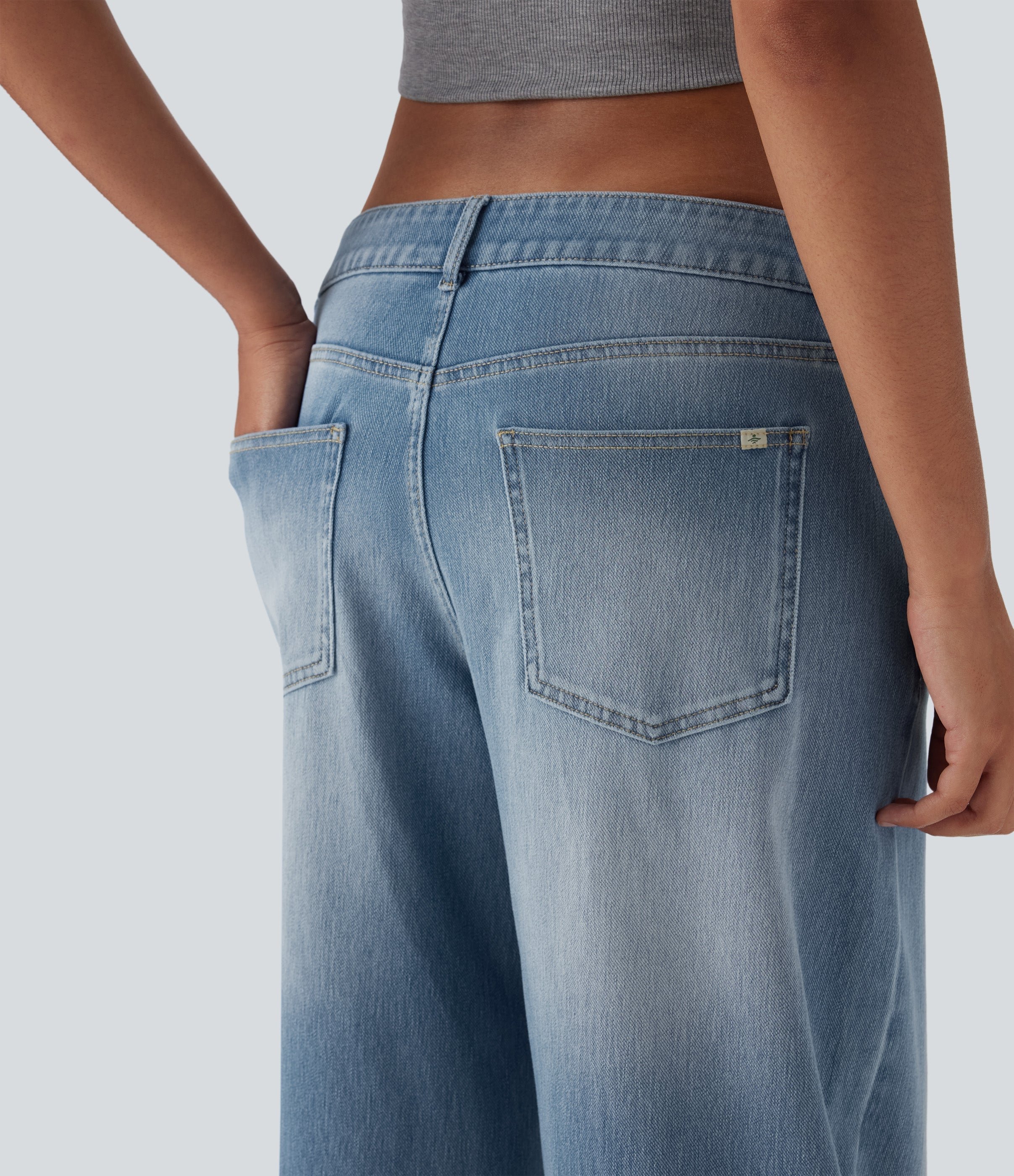FlexTM Asymmetric Low Rise Zipper Pockets Baggy Wide Leg Washed Casual Jeans