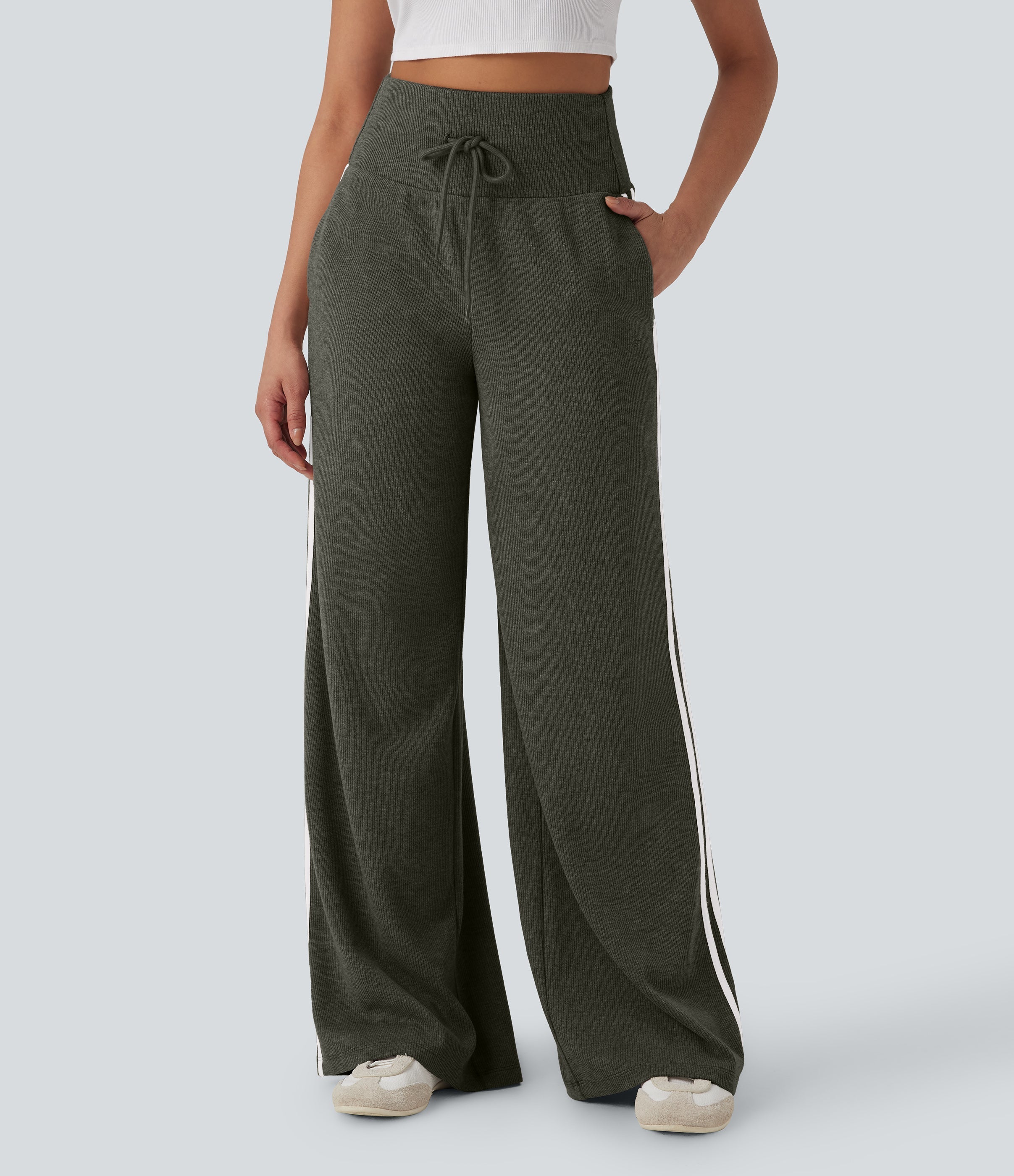 2026🔥 Ribbed SoCinched High Waisted Tummy Control Drawstring Wide Leg Color Block Casual Trousers with Pockets