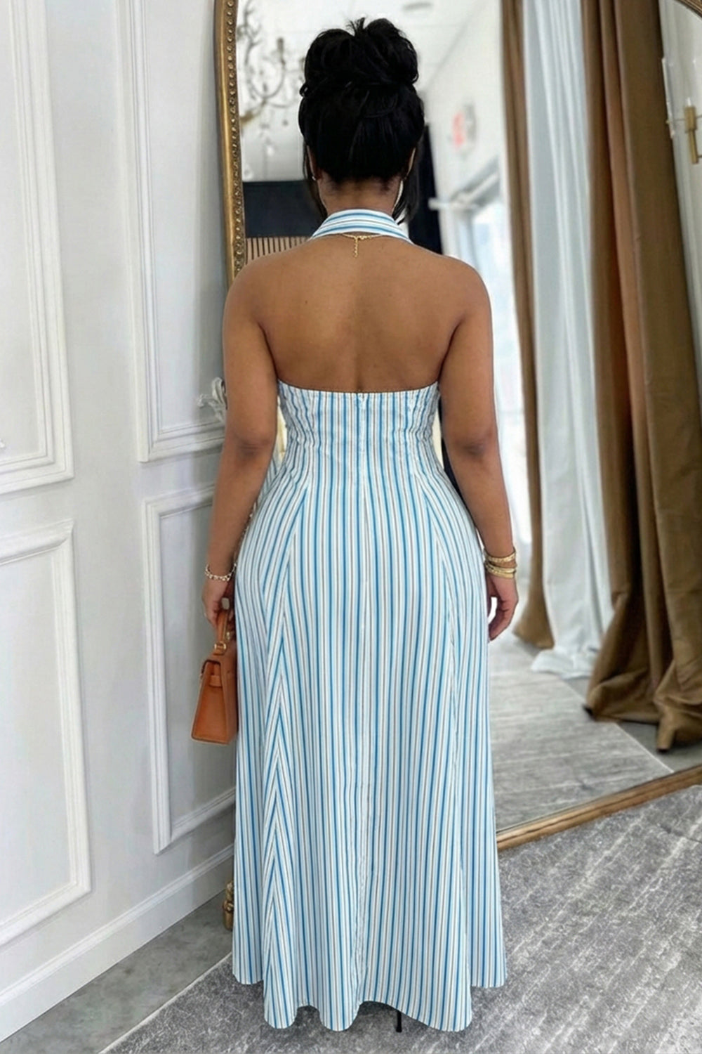 Halter Backless Button Striped Loose Fit Casual Maxi Dresses-Blue